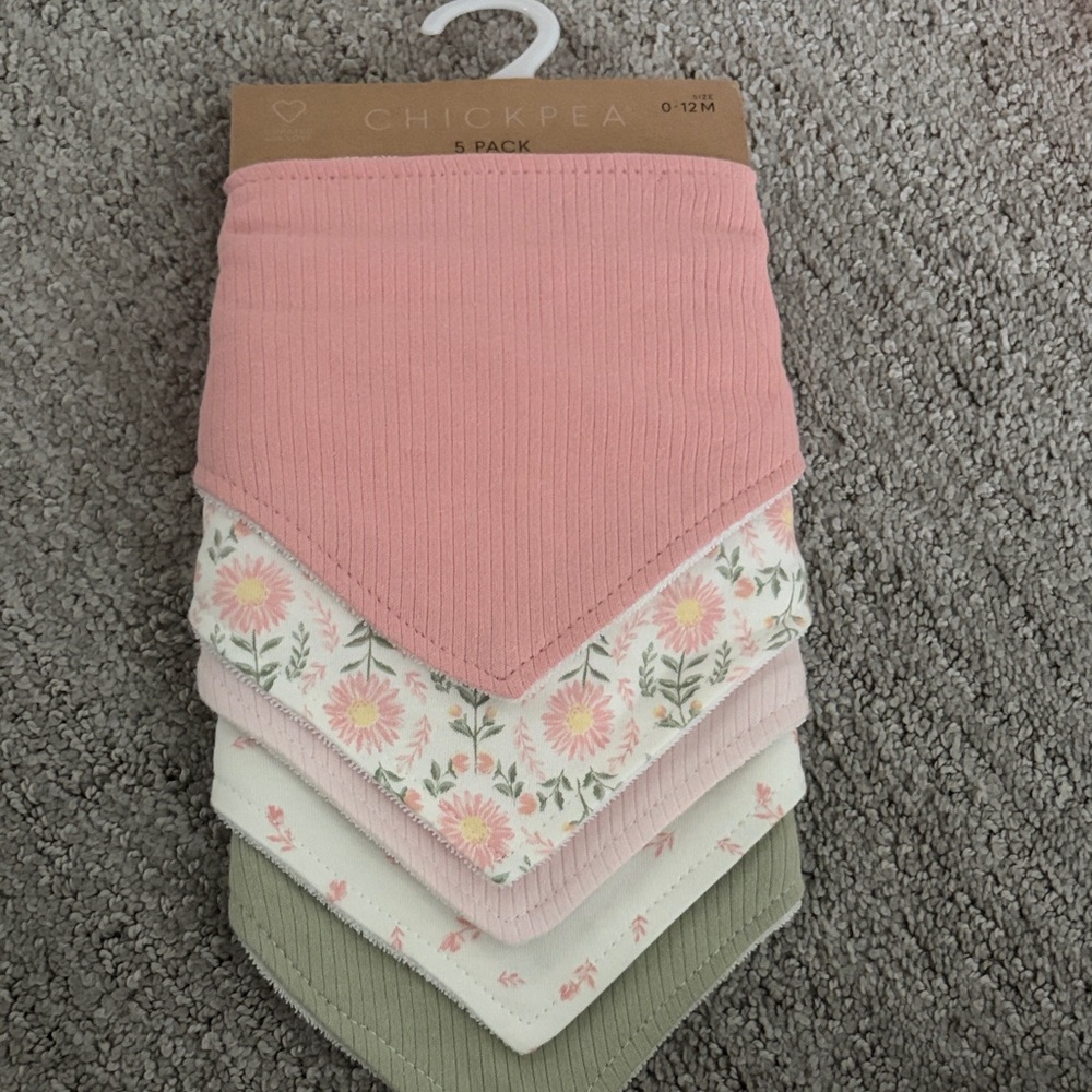 chick pea Pink and Sage Floral Baby Bandana Bibs - 5 Pack